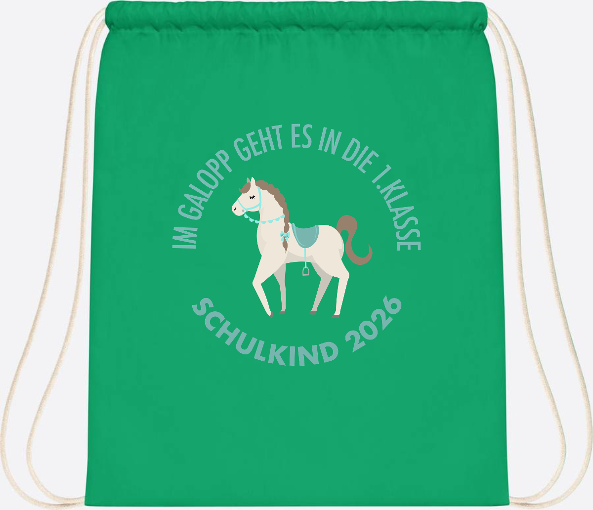 Turnbeutel zur Einschulung: Im Galopp Schulkind 2026 mit Name - Kelly Green