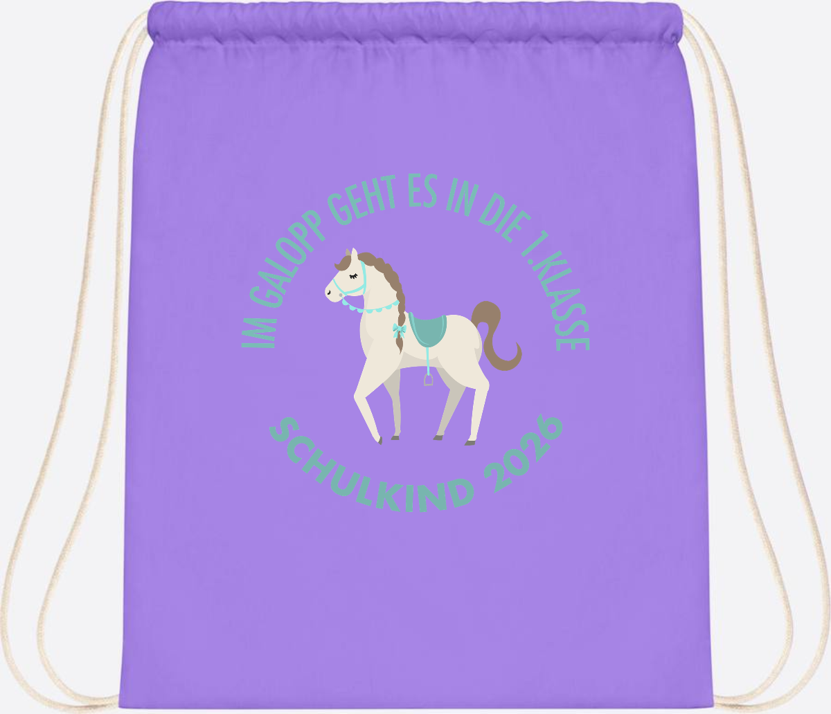 Turnbeutel zur Einschulung: Im Galopp Schulkind 2026 mit Name - Lavender/White