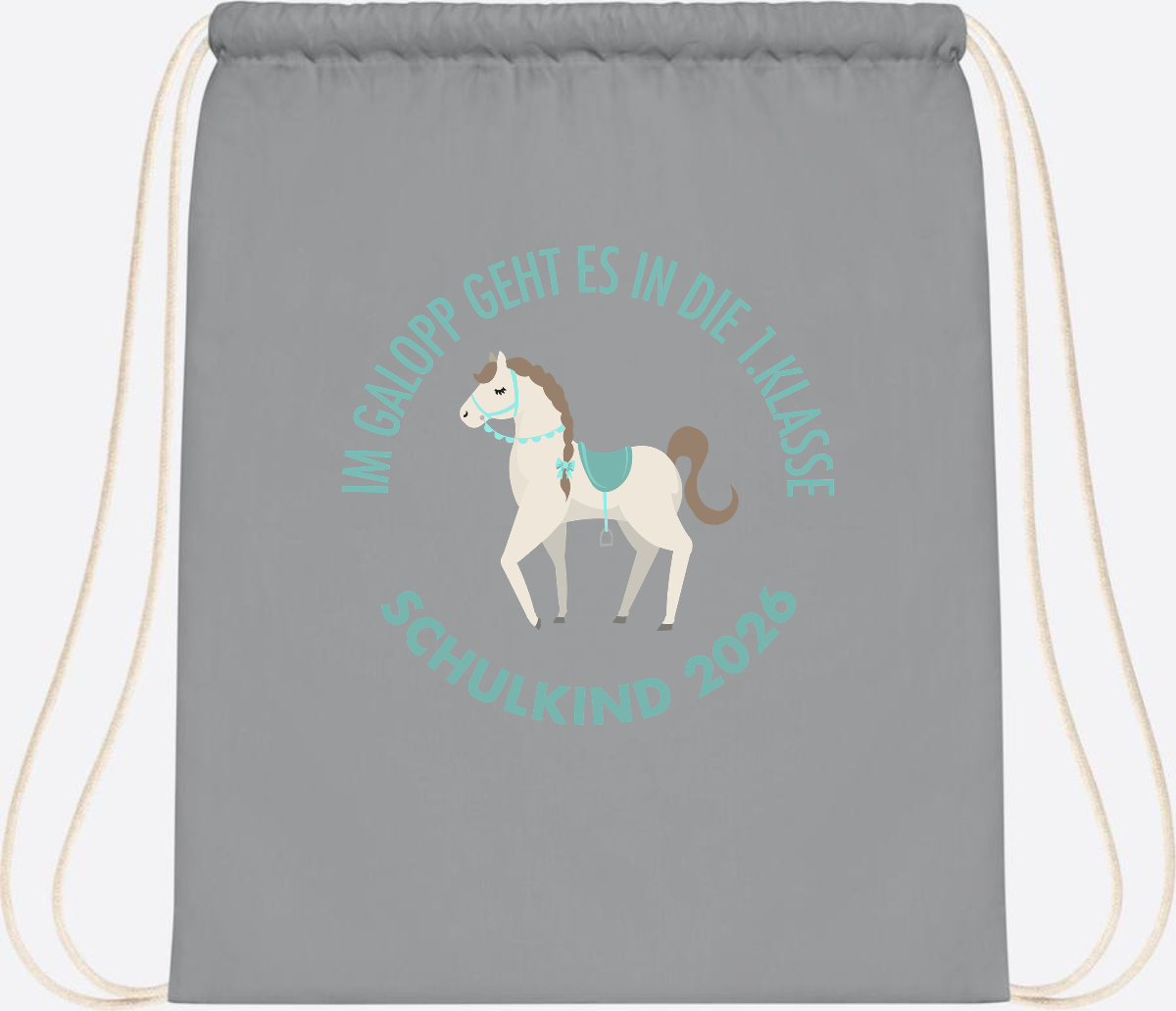Turnbeutel zur Einschulung: Im Galopp Schulkind 2026 mit Name - Light Grey