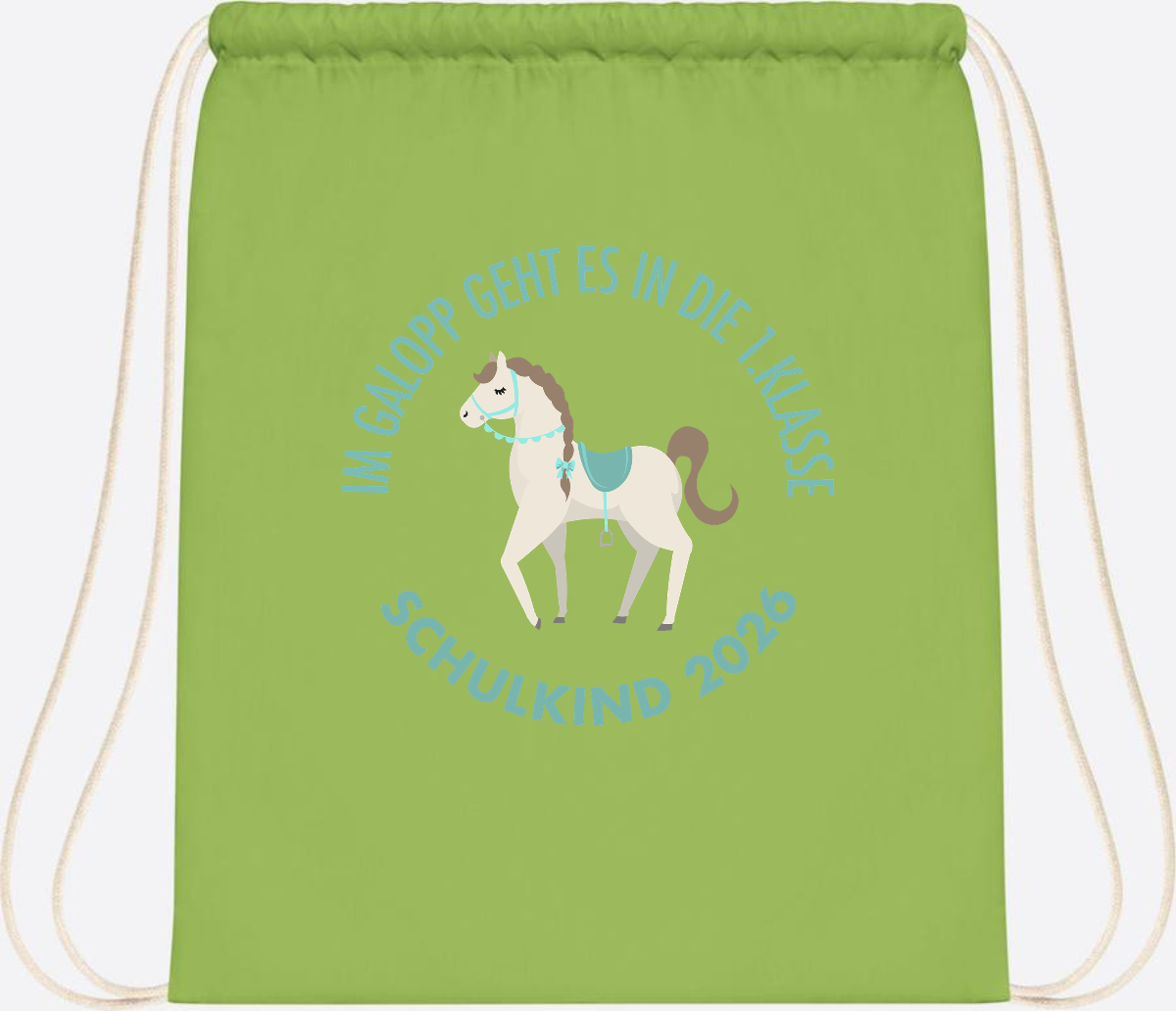Turnbeutel zur Einschulung: Im Galopp Schulkind 2026 mit Name - Lime Green