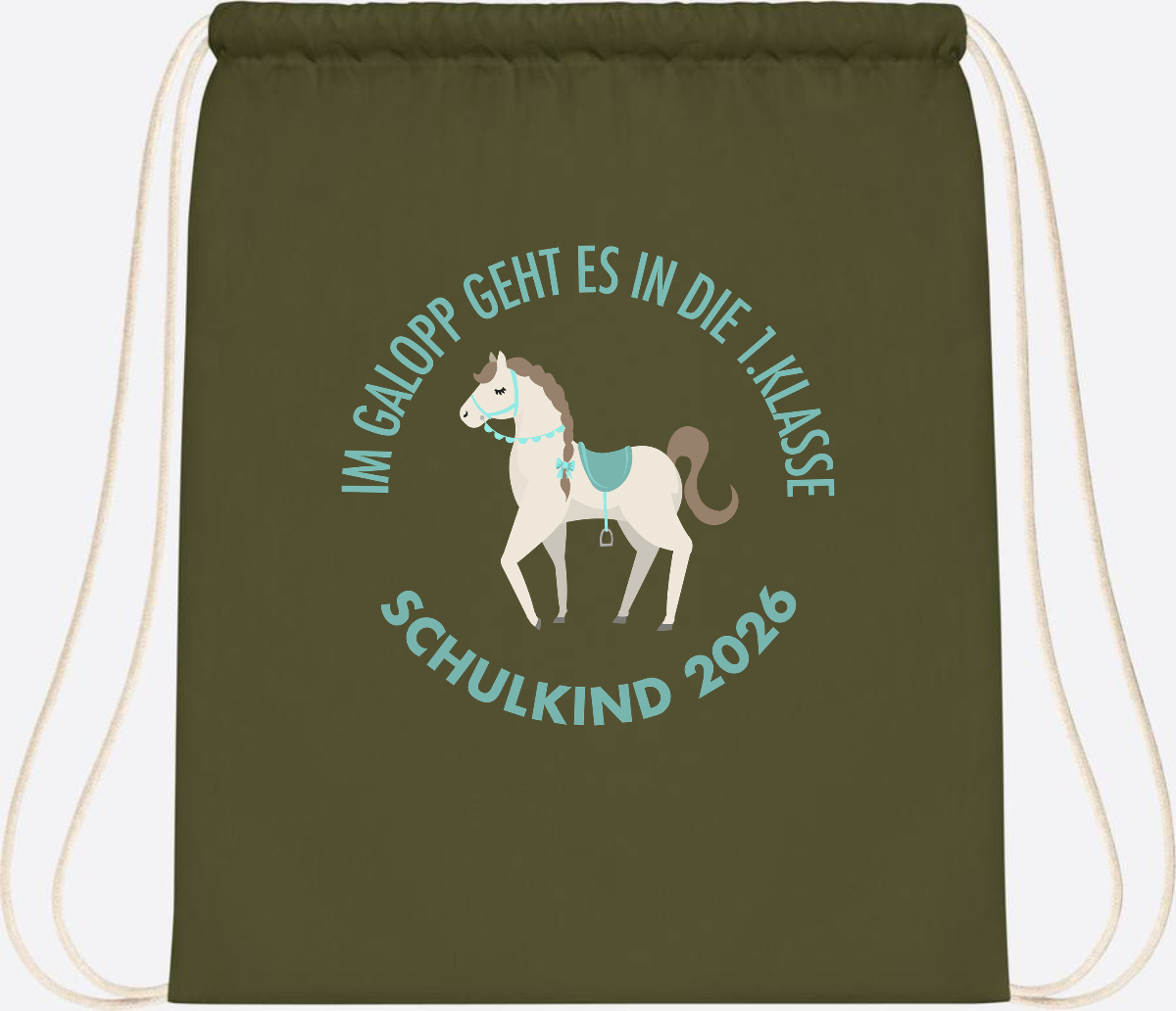 Turnbeutel zur Einschulung: Im Galopp Schulkind 2026 mit Name - Olive Green