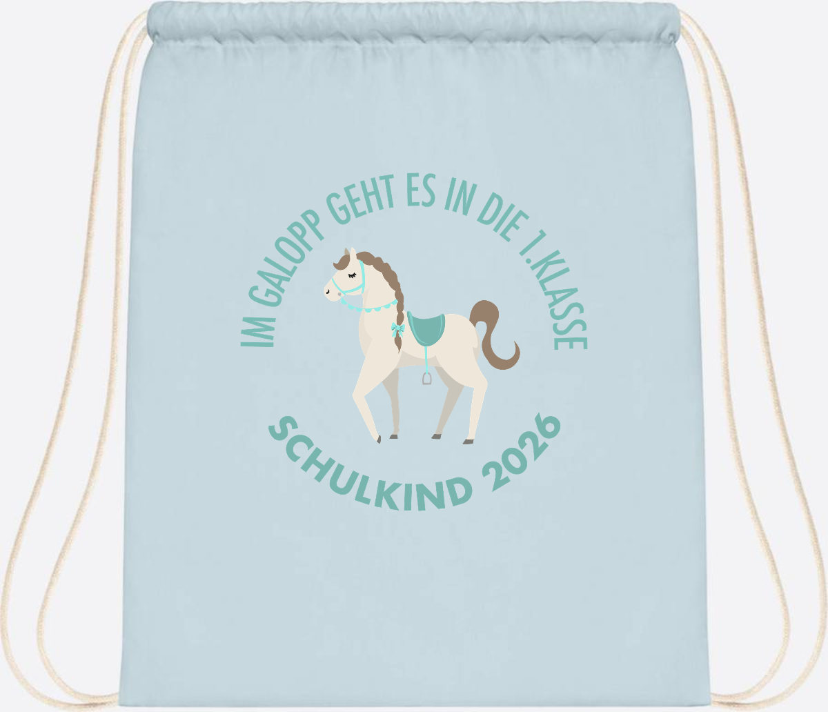 Turnbeutel zur Einschulung: Im Galopp Schulkind 2026 mit Name - Pastel Blue/White