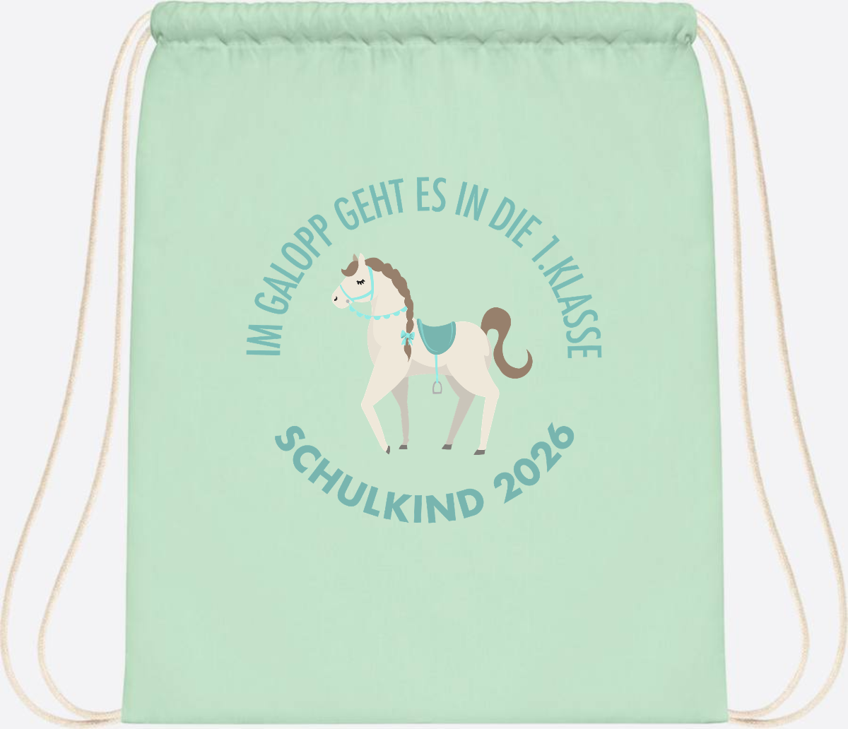 Turnbeutel zur Einschulung: Im Galopp Schulkind 2026 mit Name - Pastel Mint/White