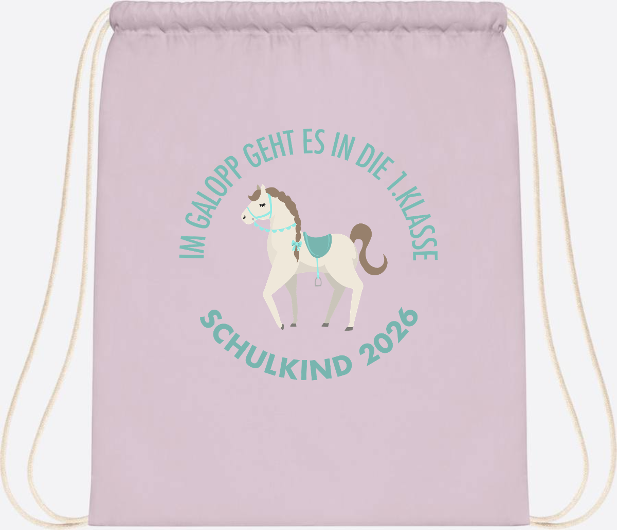 Turnbeutel zur Einschulung: Im Galopp Schulkind 2026 mit Name - Pastel Pink/White