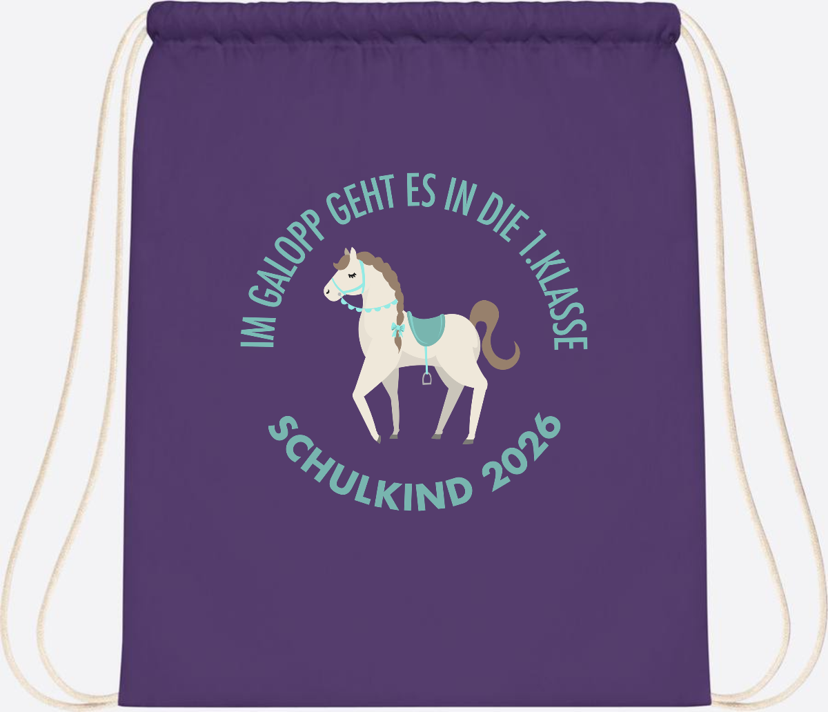 Turnbeutel zur Einschulung: Im Galopp Schulkind 2026 mit Name - Purple
