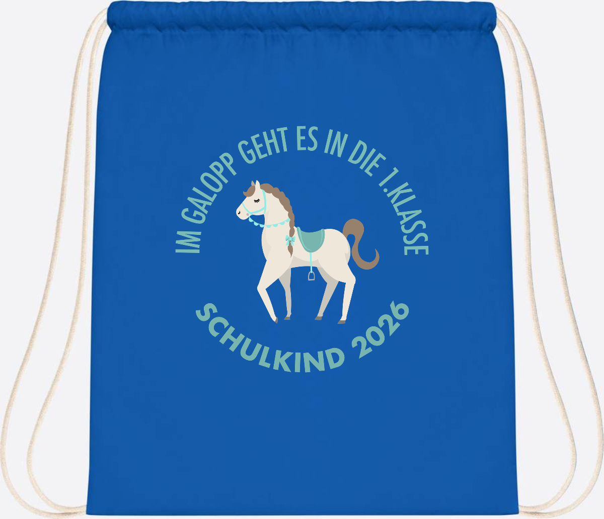 Turnbeutel zur Einschulung: Im Galopp Schulkind 2026 mit Name - Sapphire Blue