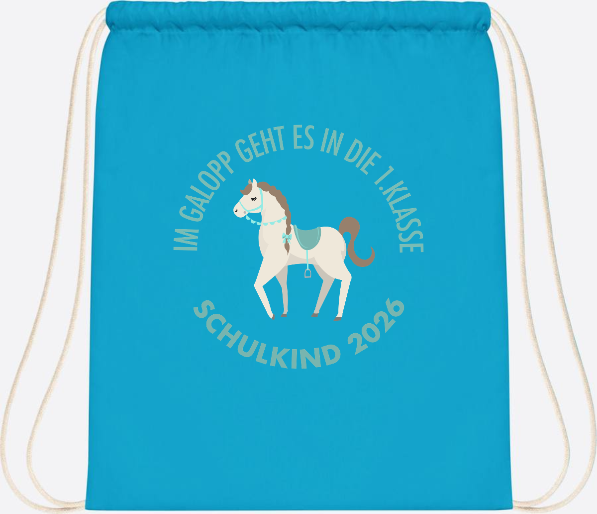 Turnbeutel zur Einschulung: Im Galopp Schulkind 2026 mit Name - Surf Blue