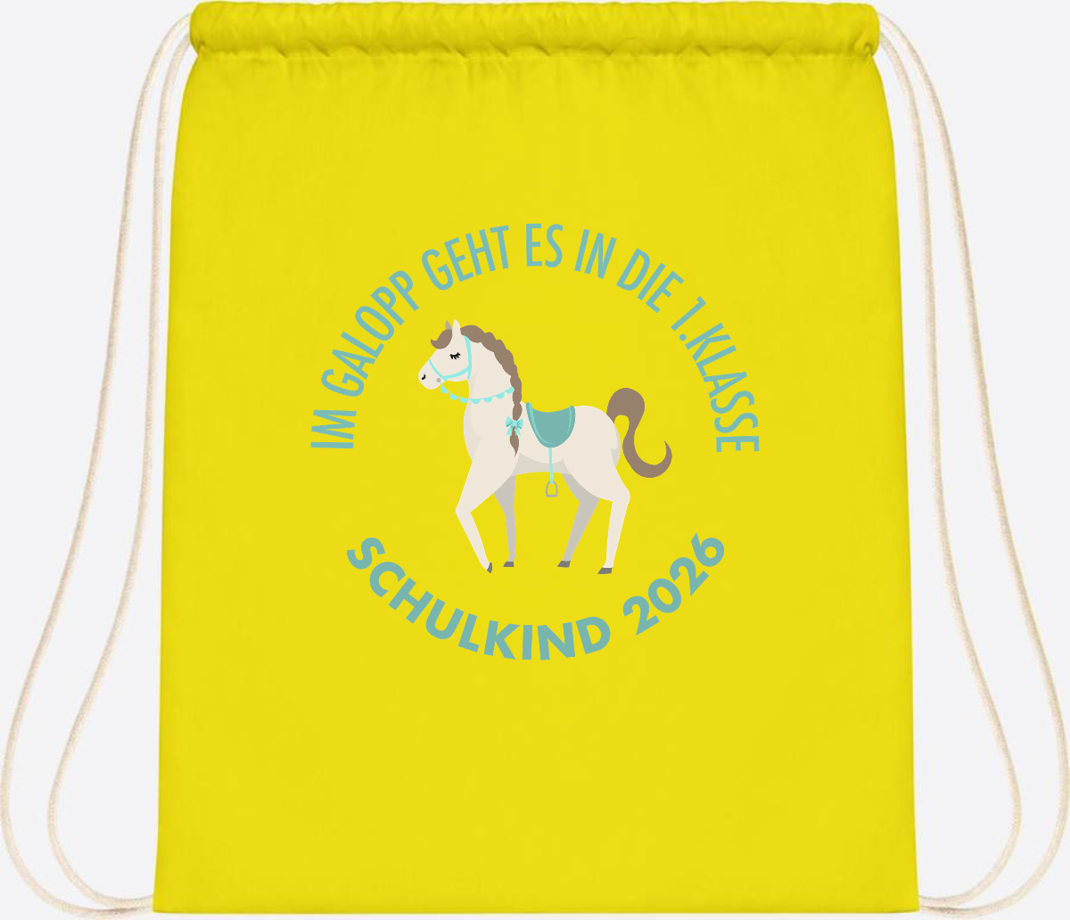 Turnbeutel zur Einschulung: Im Galopp Schulkind 2026 mit Name - Yellow