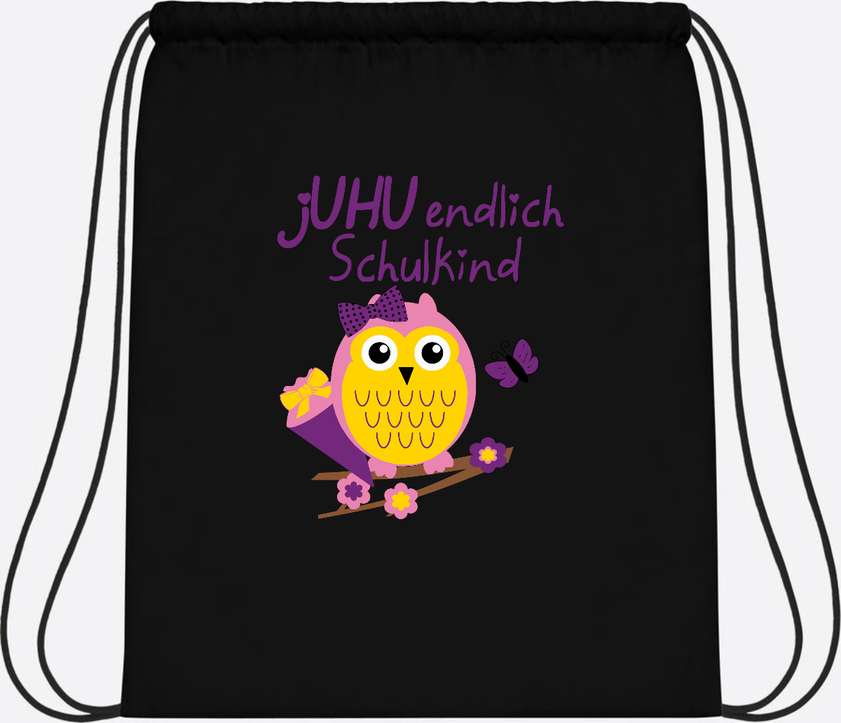 Turnbeutel zur Einschulung – jUHU Schulkind Eule mit Name - Black/Black