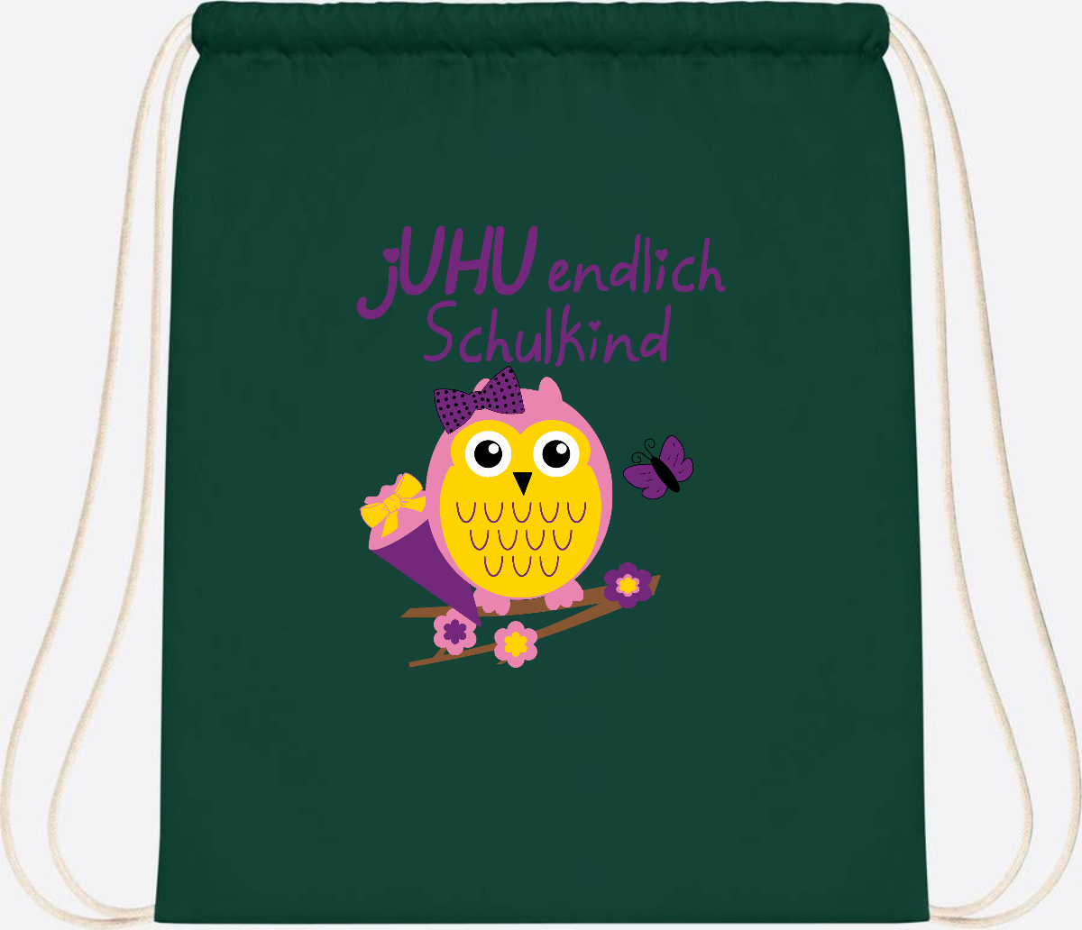 Turnbeutel zur Einschulung – jUHU Schulkind Eule mit Name - Bottle Green
