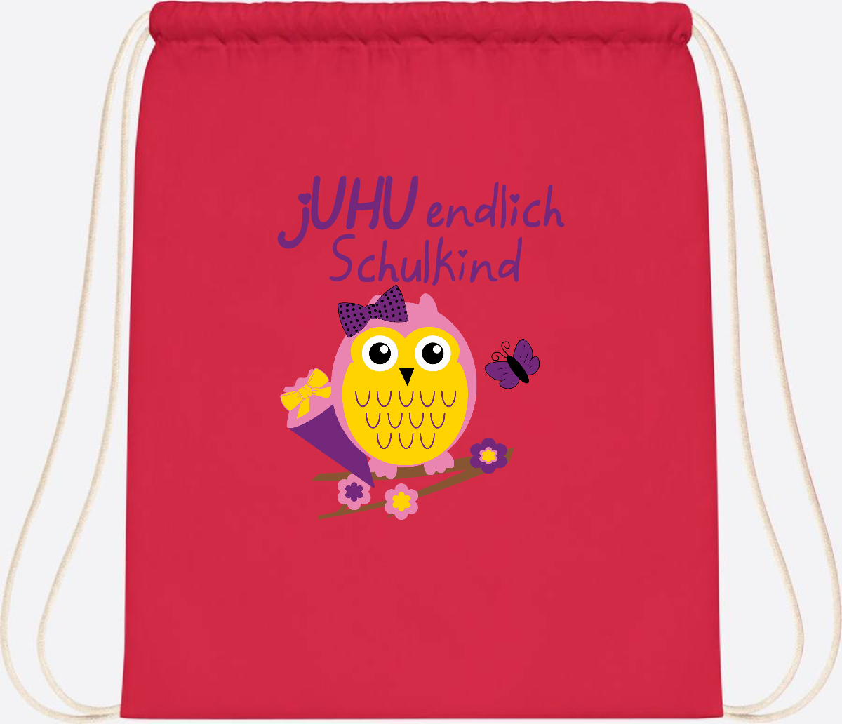 Turnbeutel zur Einschulung – jUHU Schulkind Eule mit Name - Bright Red