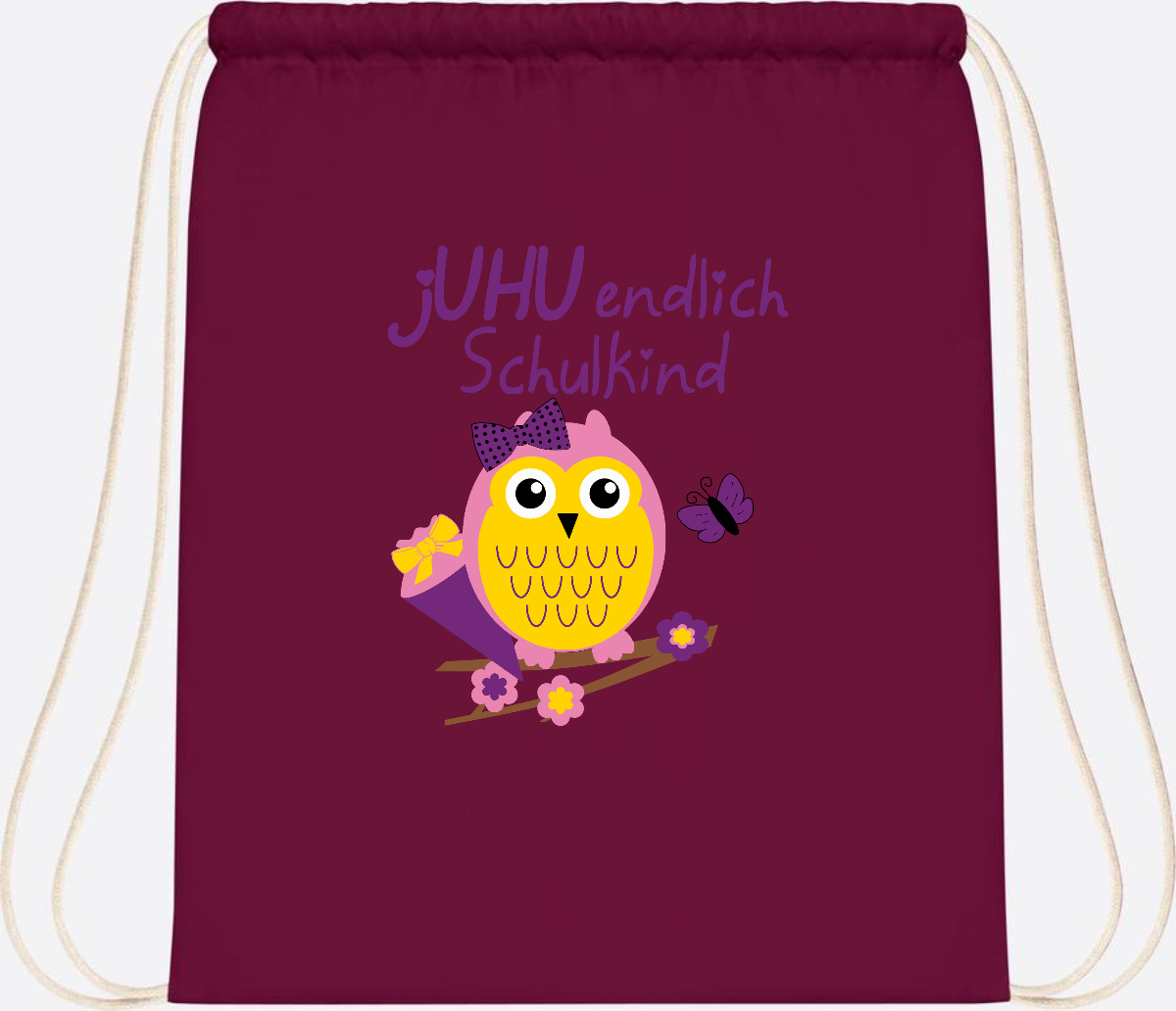 Turnbeutel zur Einschulung – jUHU Schulkind Eule mit Name - Burgundy