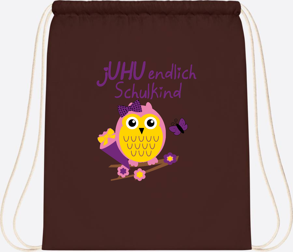 Turnbeutel zur Einschulung – jUHU Schulkind Eule mit Name - Chocolate