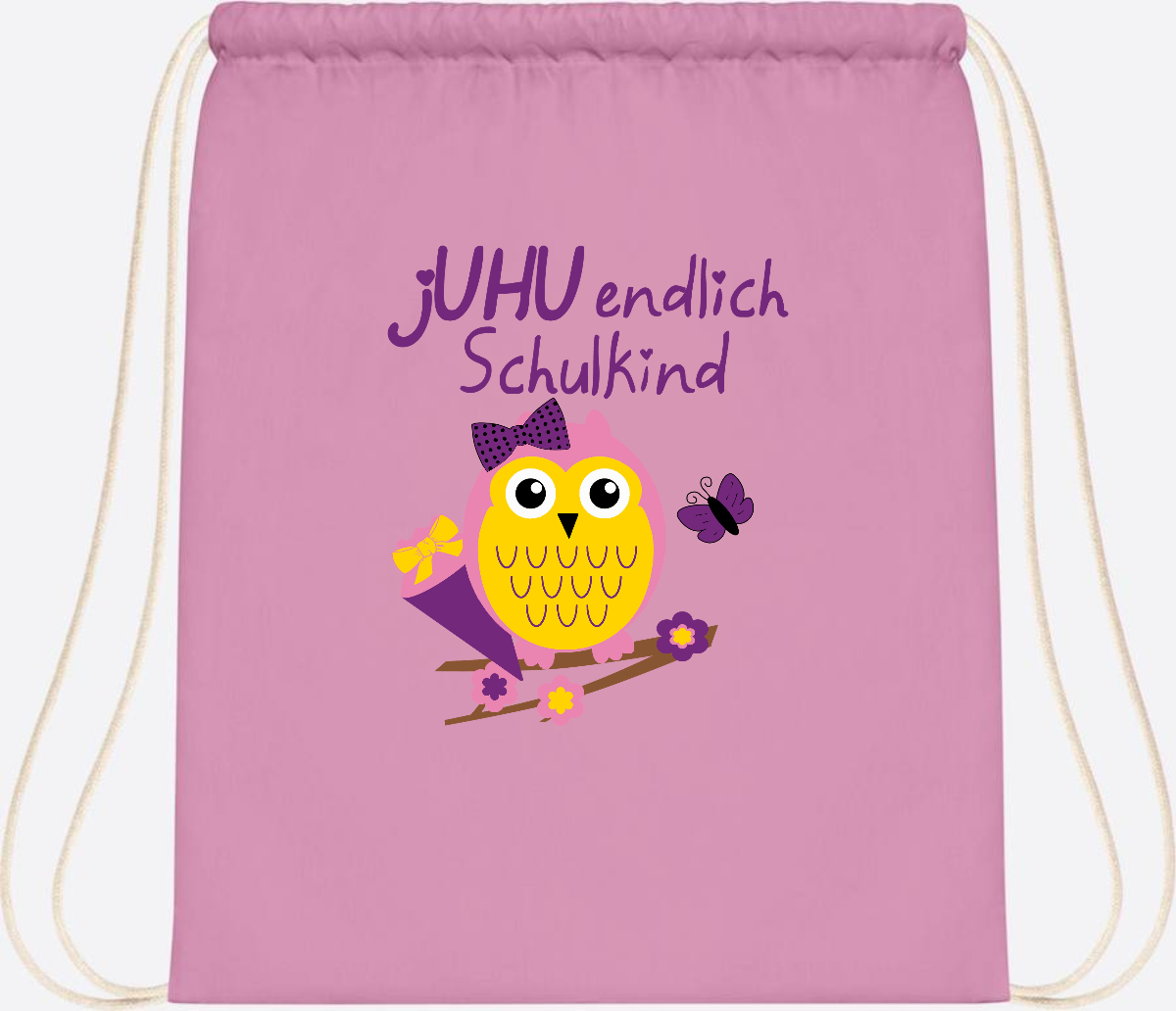 Turnbeutel zur Einschulung – jUHU Schulkind Eule mit Name - Classic Pink/White