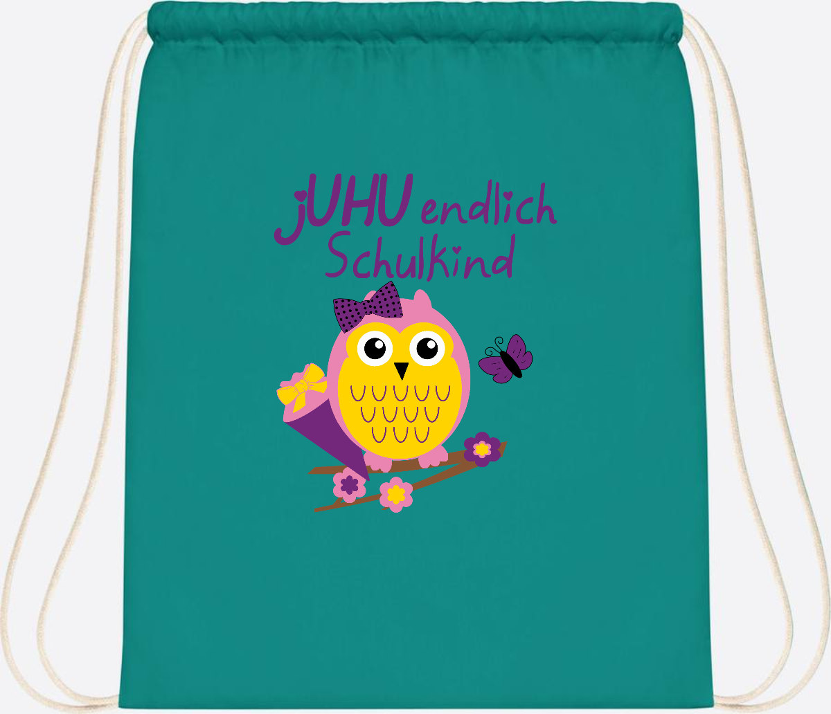 Turnbeutel zur Einschulung – jUHU Schulkind Eule mit Name - Emerald
