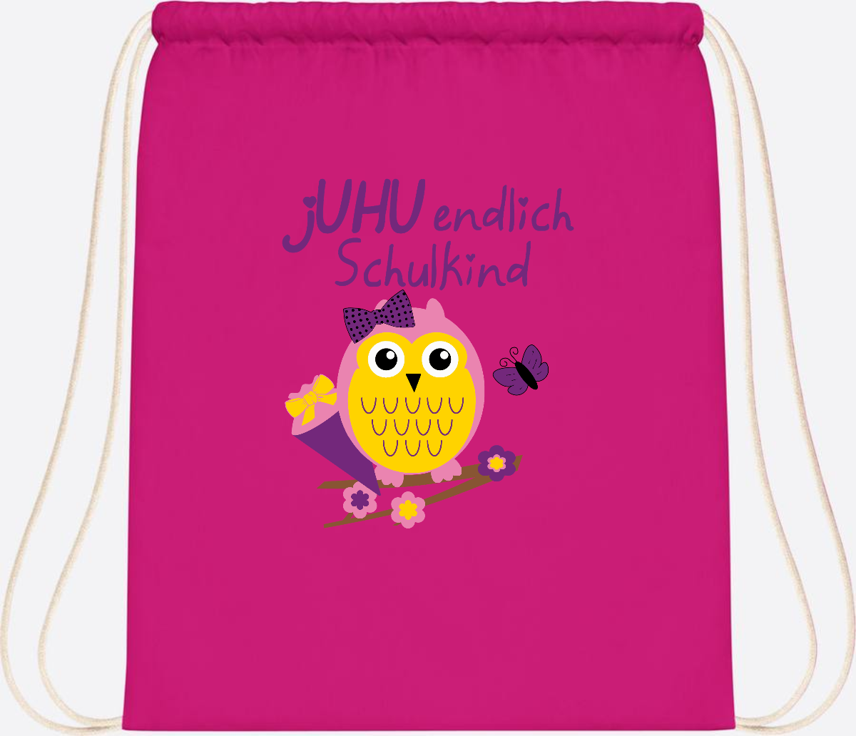 Turnbeutel zur Einschulung – jUHU Schulkind Eule mit Name - Fuchsia
