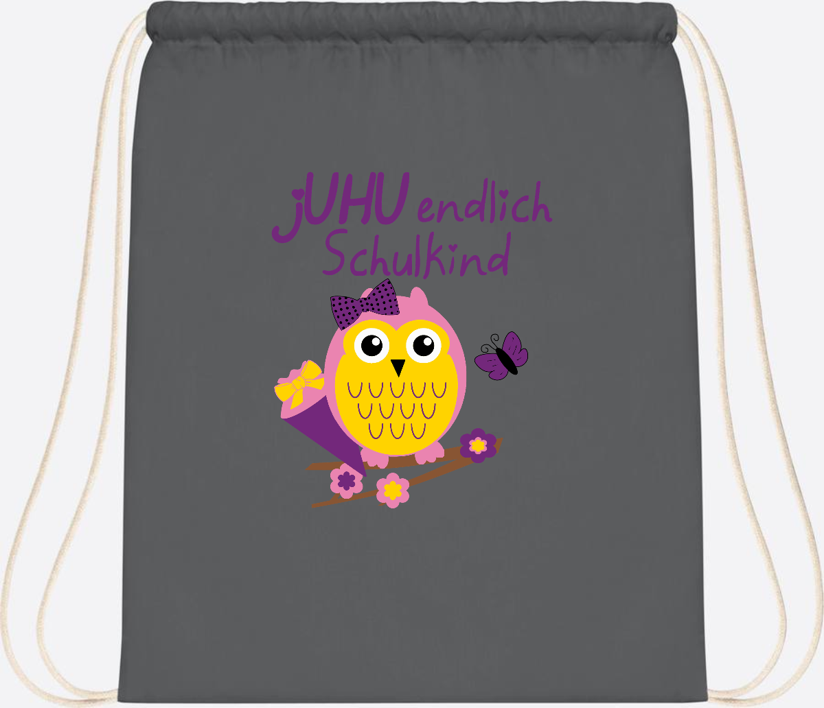 Turnbeutel zur Einschulung – jUHU Schulkind Eule mit Name - Graphite Grey