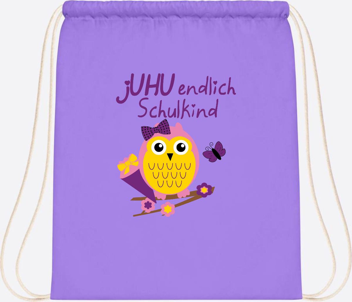 Turnbeutel zur Einschulung – jUHU Schulkind Eule mit Name - Lavender/White