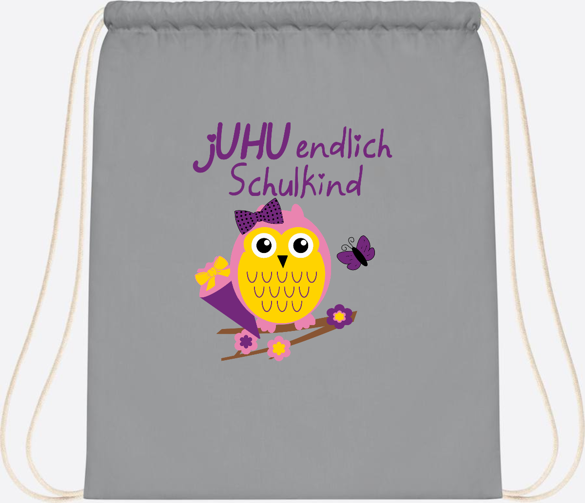 Turnbeutel zur Einschulung – jUHU Schulkind Eule mit Name - Light Grey