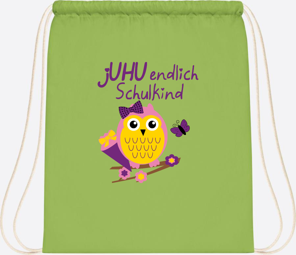 Turnbeutel zur Einschulung – jUHU Schulkind Eule mit Name - Lime Green