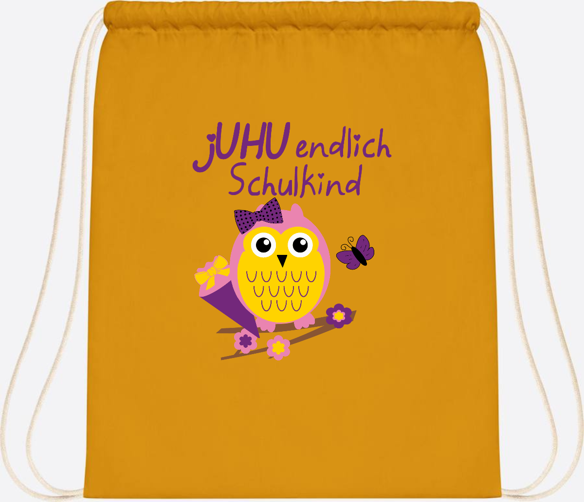 Turnbeutel zur Einschulung – jUHU Schulkind Eule mit Name - Mustard