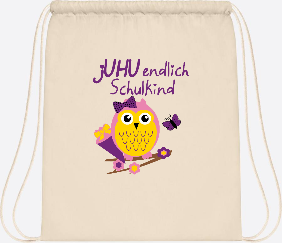 Turnbeutel zur Einschulung – jUHU Schulkind Eule mit Name - Natural