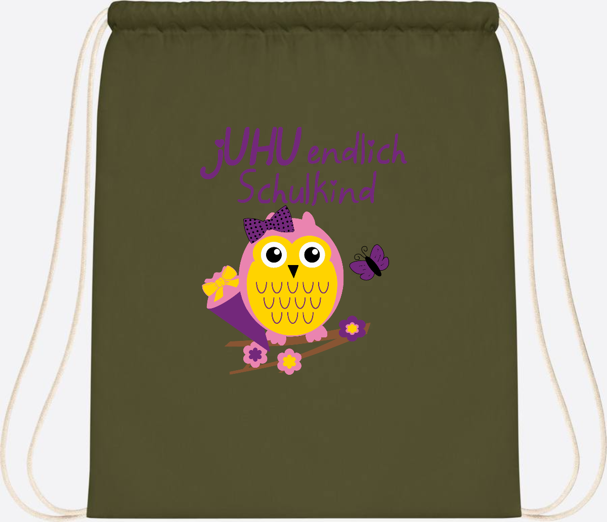 Turnbeutel zur Einschulung – jUHU Schulkind Eule mit Name - Olive Green