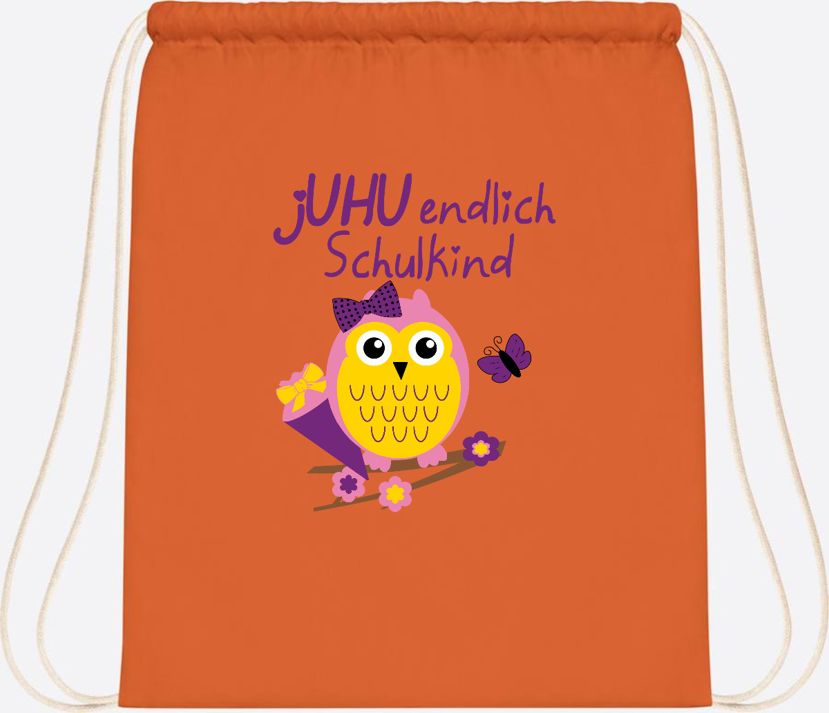 Turnbeutel zur Einschulung – jUHU Schulkind Eule mit Name - Orange