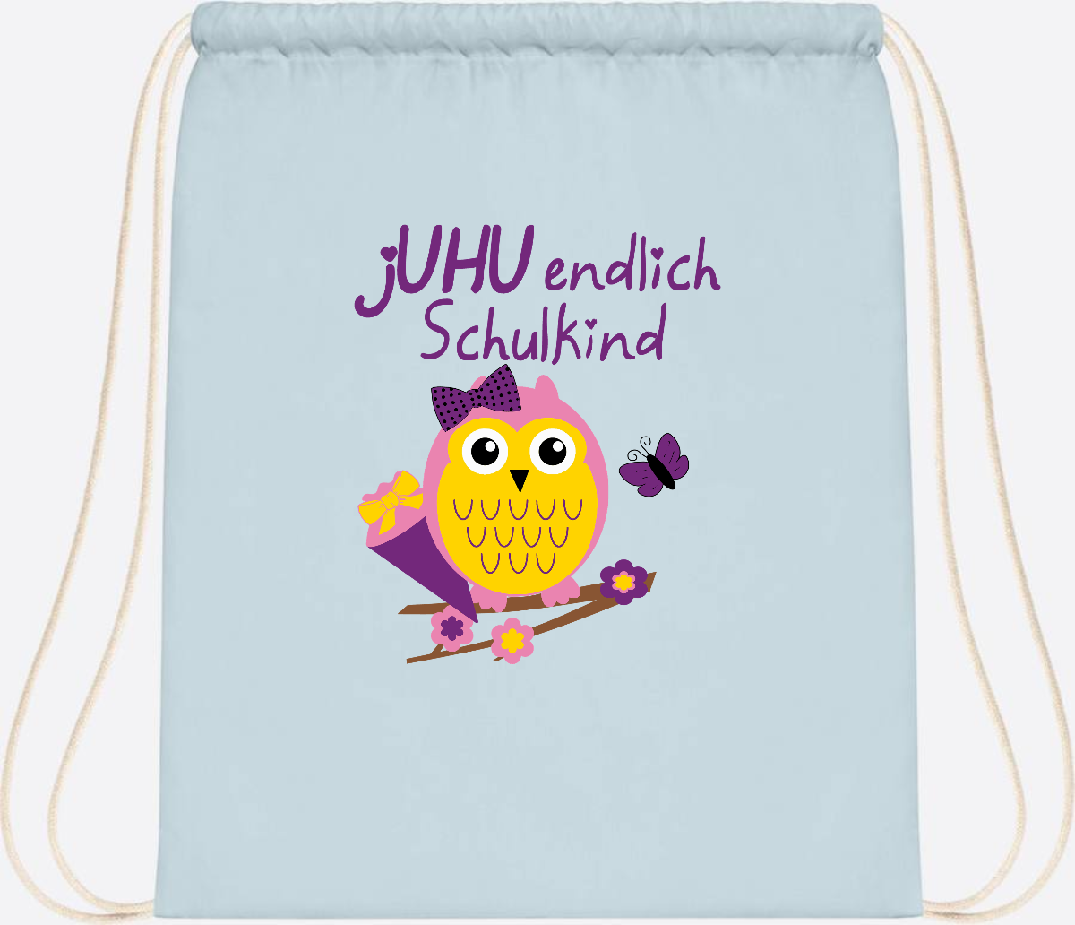 Turnbeutel zur Einschulung – jUHU Schulkind Eule mit Name - Pastel Blue/White