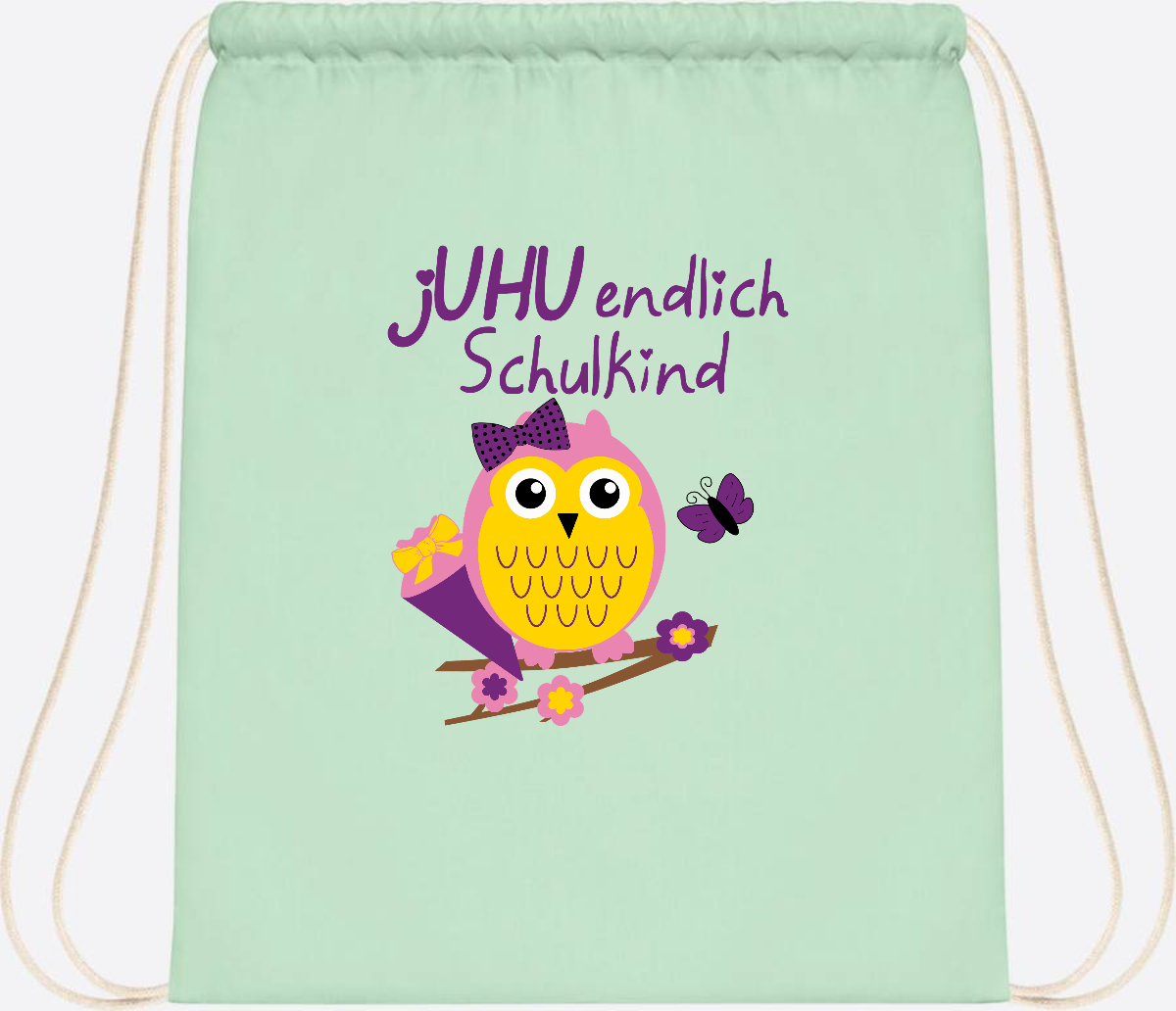 Turnbeutel zur Einschulung – jUHU Schulkind Eule mit Name - Pastel Mint/White