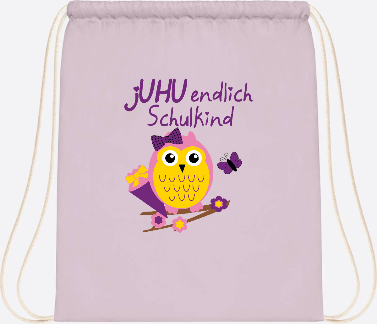 Turnbeutel zur Einschulung – jUHU Schulkind Eule mit Name - Pastel Pink/White
