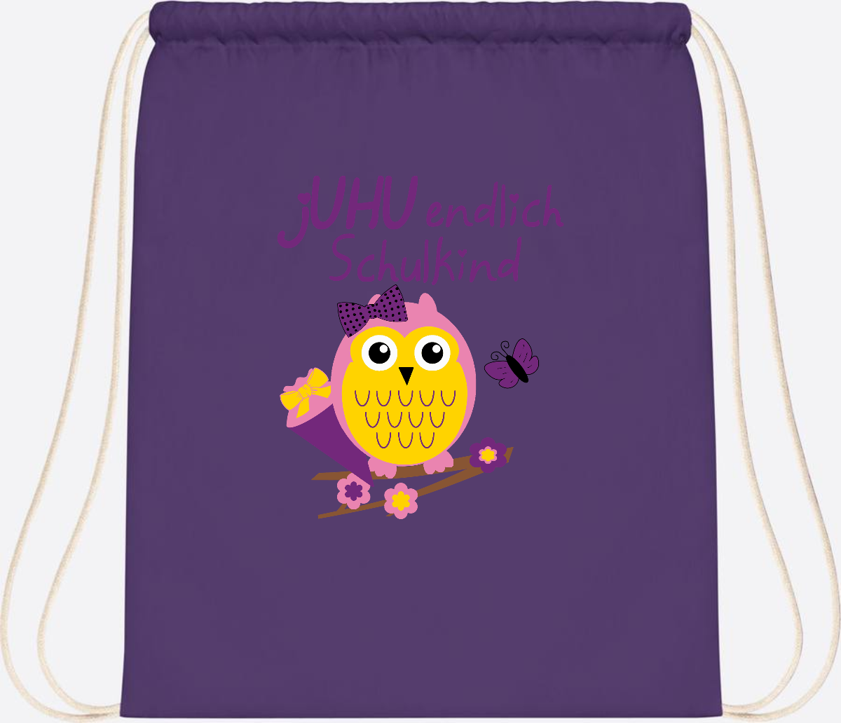 Turnbeutel zur Einschulung – jUHU Schulkind Eule mit Name - Purple