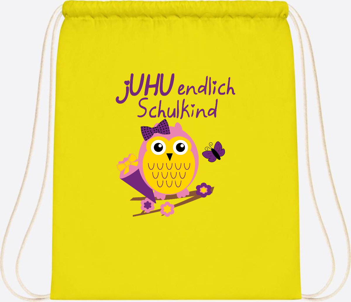 Turnbeutel zur Einschulung – jUHU Schulkind Eule mit Name - Yellow