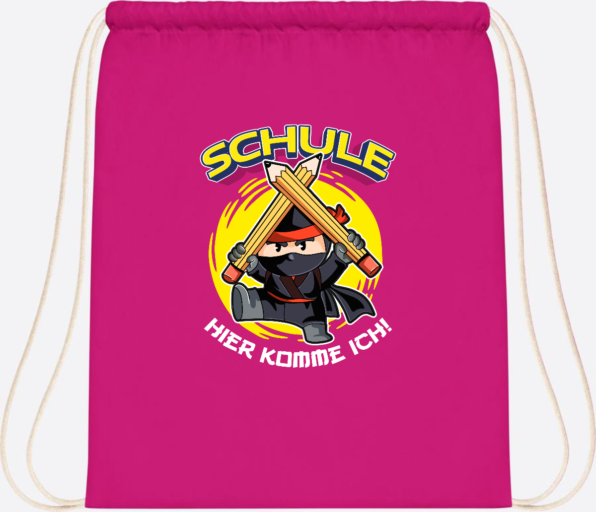 Turnbeutel zur Einschulung – Ninja: Schule, hier komme ich! - Fuchsia