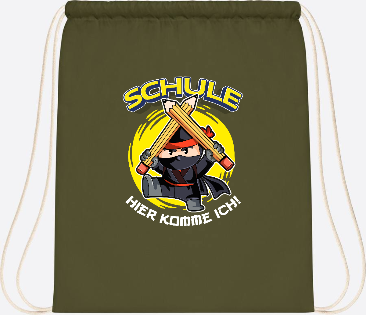 Turnbeutel zur Einschulung – Ninja: Schule, hier komme ich! - Olive Green