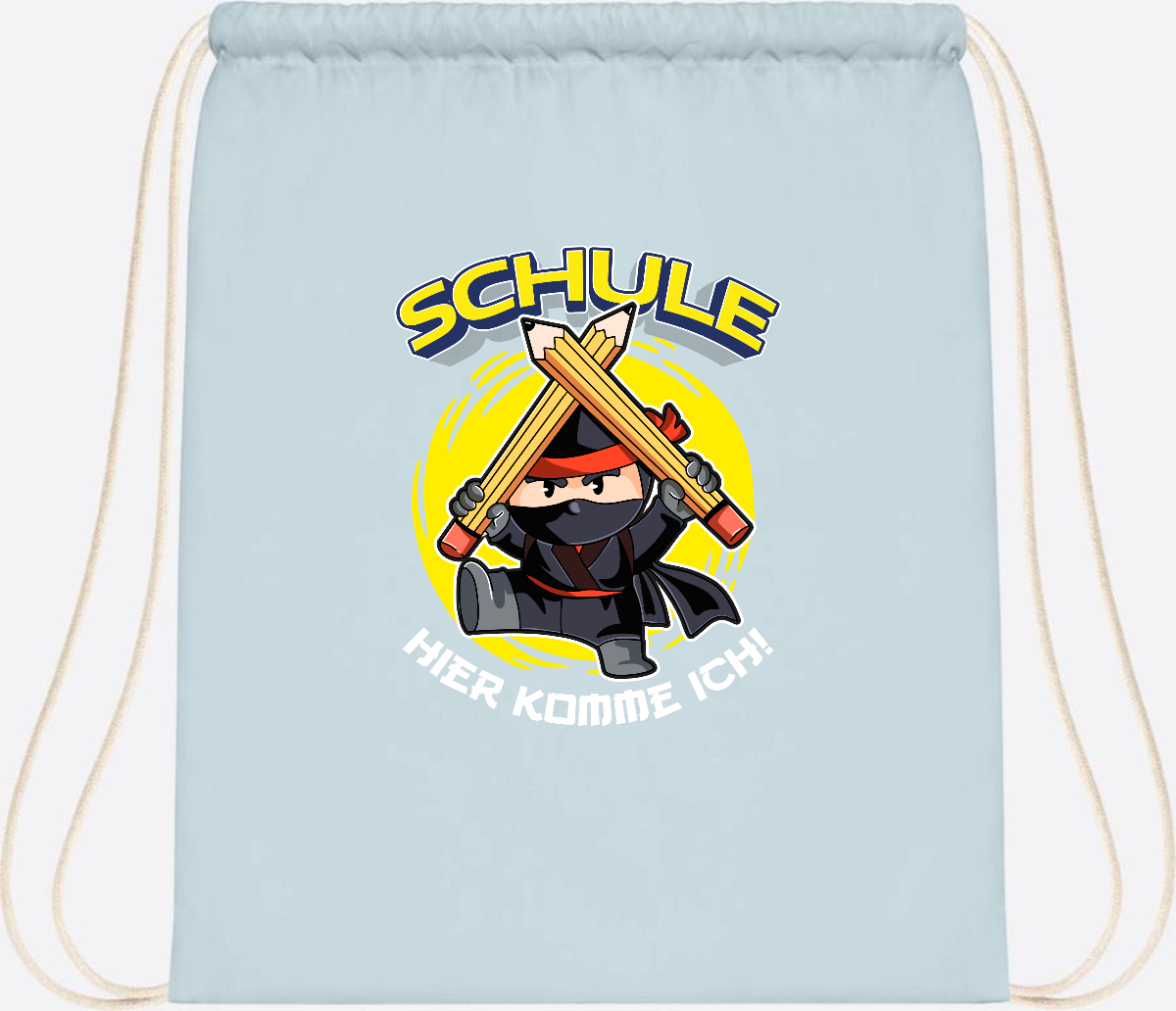 Turnbeutel zur Einschulung – Ninja: Schule, hier komme ich! - Pastel Blue/White