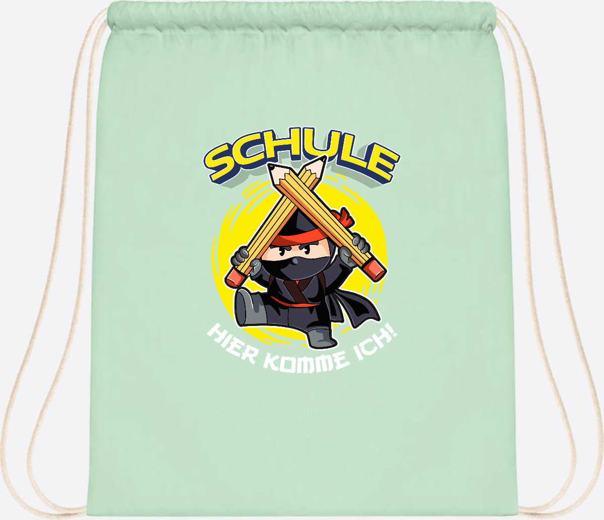 Turnbeutel zur Einschulung – Ninja: Schule, hier komme ich! - Pastel Mint/White