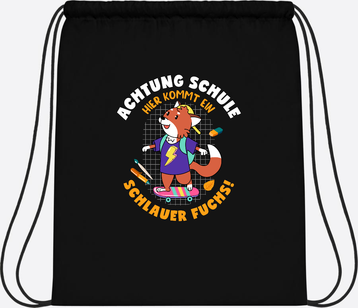 Turnbeutel zur Einschulung – Schlauer Fuchs mit Namen - Black/Black