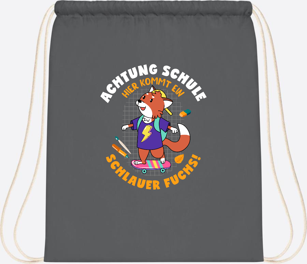 Turnbeutel zur Einschulung – Schlauer Fuchs mit Namen - Graphite Grey