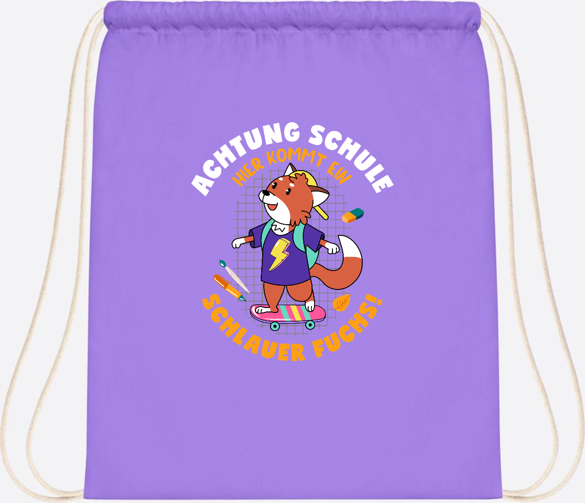Turnbeutel zur Einschulung – Schlauer Fuchs mit Namen - Lavender/White