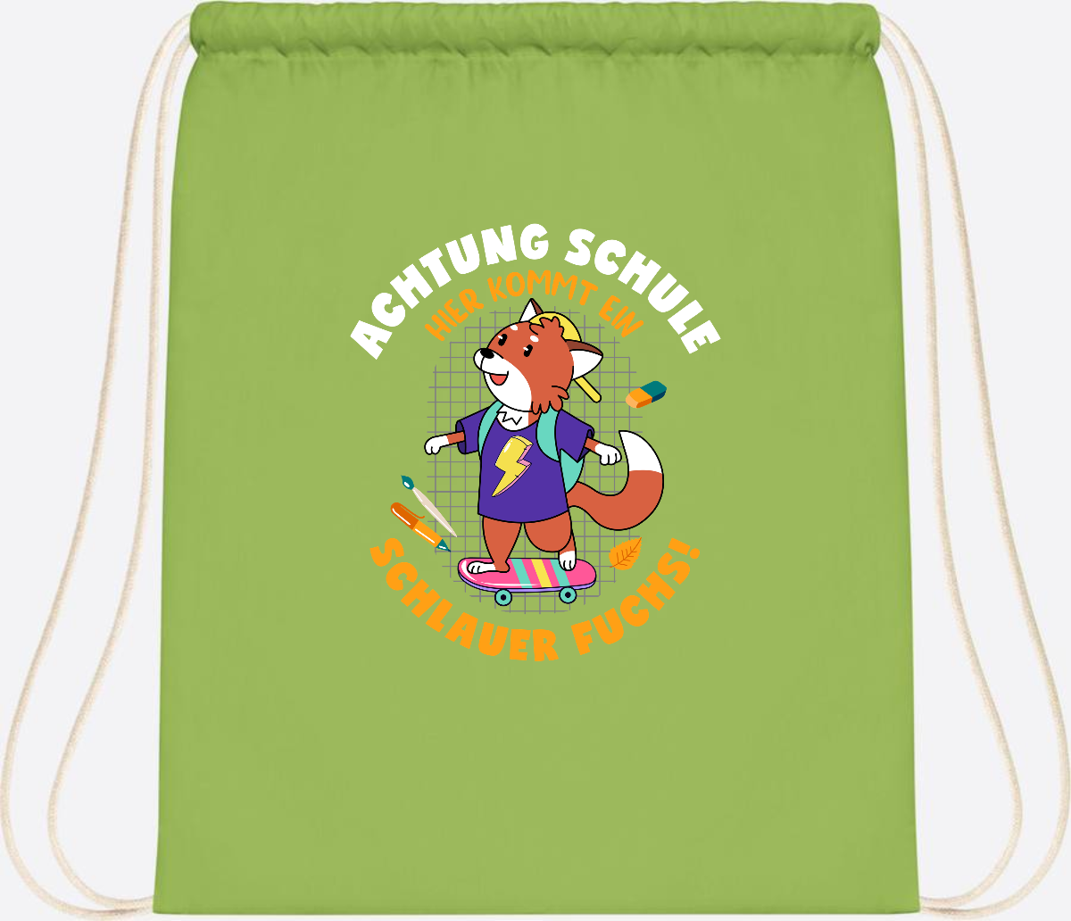 Turnbeutel zur Einschulung – Schlauer Fuchs mit Namen - Lime Green