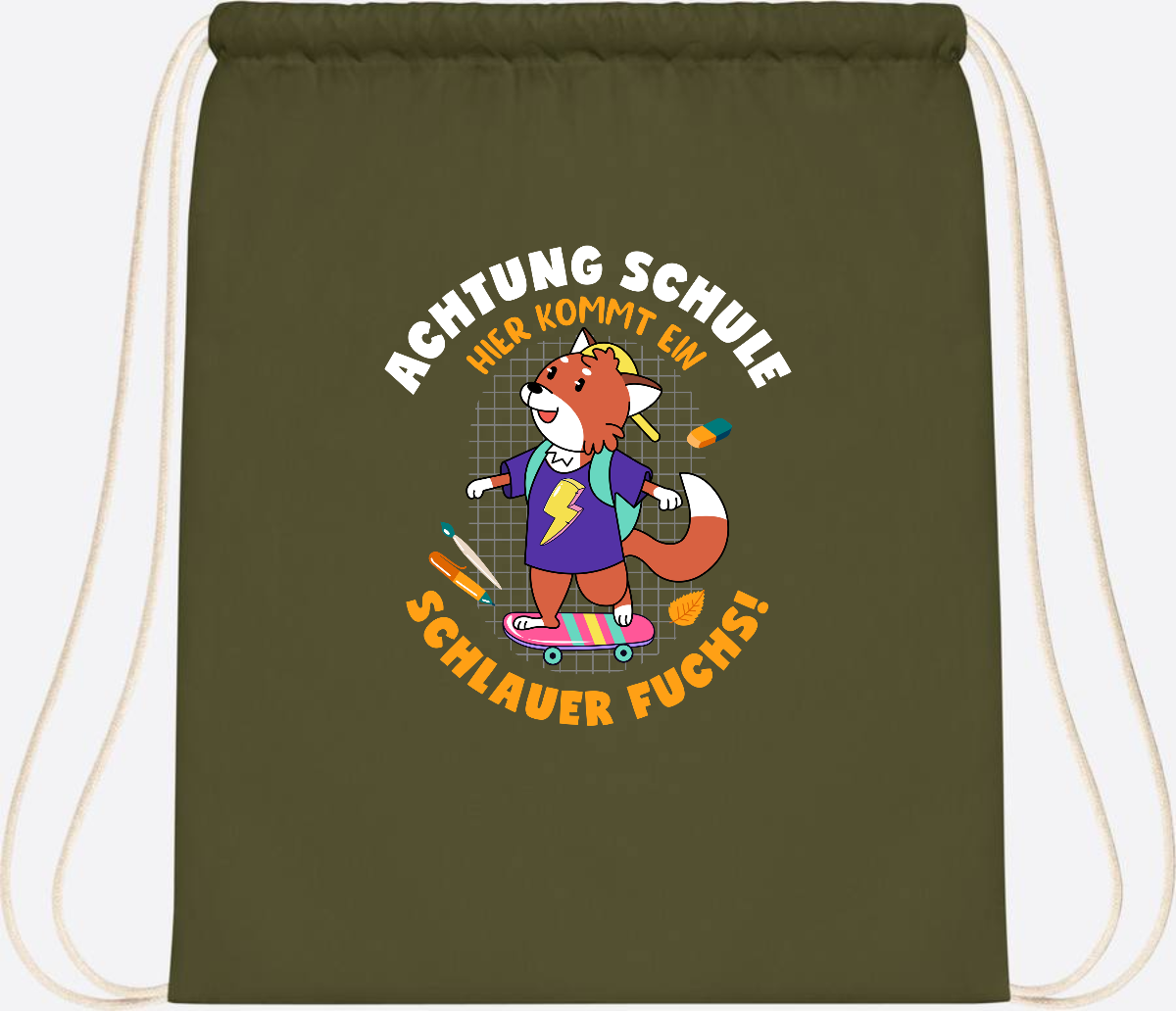 Turnbeutel zur Einschulung – Schlauer Fuchs mit Namen - Olive Green