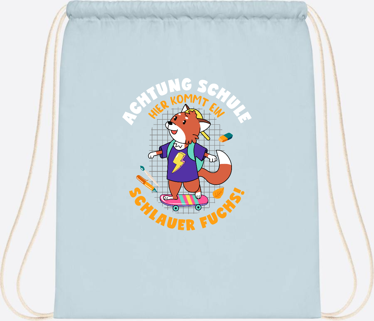 Turnbeutel zur Einschulung – Schlauer Fuchs mit Namen - Pastel Blue/White