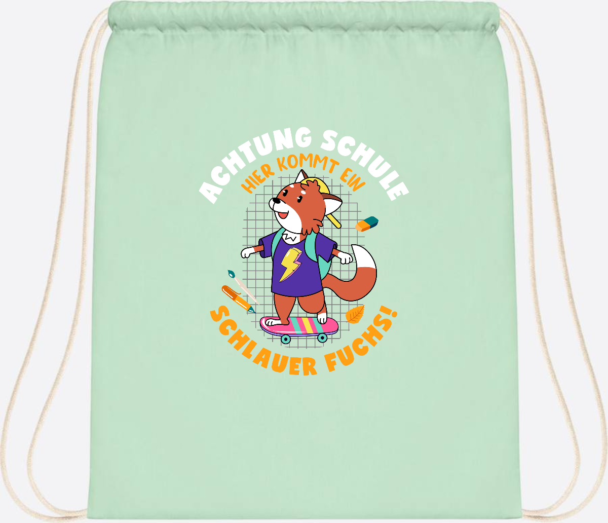 Turnbeutel zur Einschulung – Schlauer Fuchs mit Namen - Pastel Mint/White