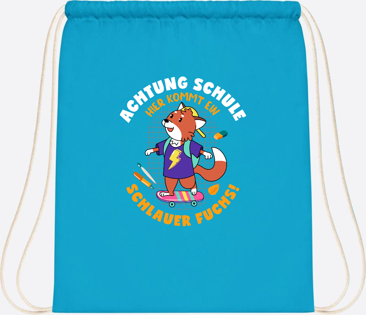 Turnbeutel zur Einschulung – Schlauer Fuchs mit Namen - Surf Blue
