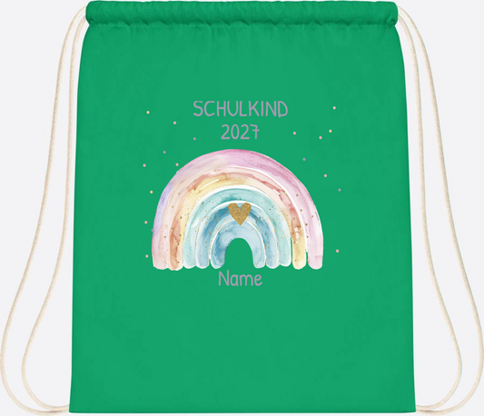 Turnbeutel zur Einschulung: Schulkind Regenbogen mit Name - Kelly Green
