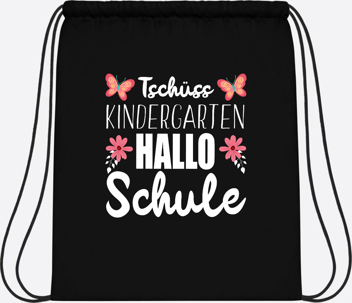 Turnbeutel zur Einschulung – Tschüss Kindergarten, Hallo Schule - Black/Black