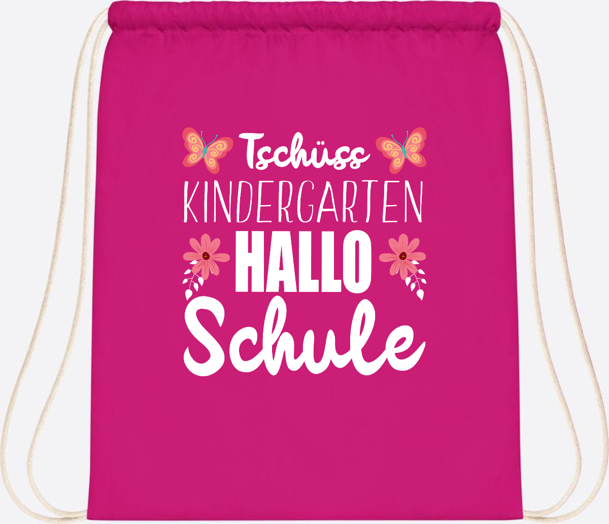 Turnbeutel zur Einschulung – Tschüss Kindergarten, Hallo Schule - Fuchsia