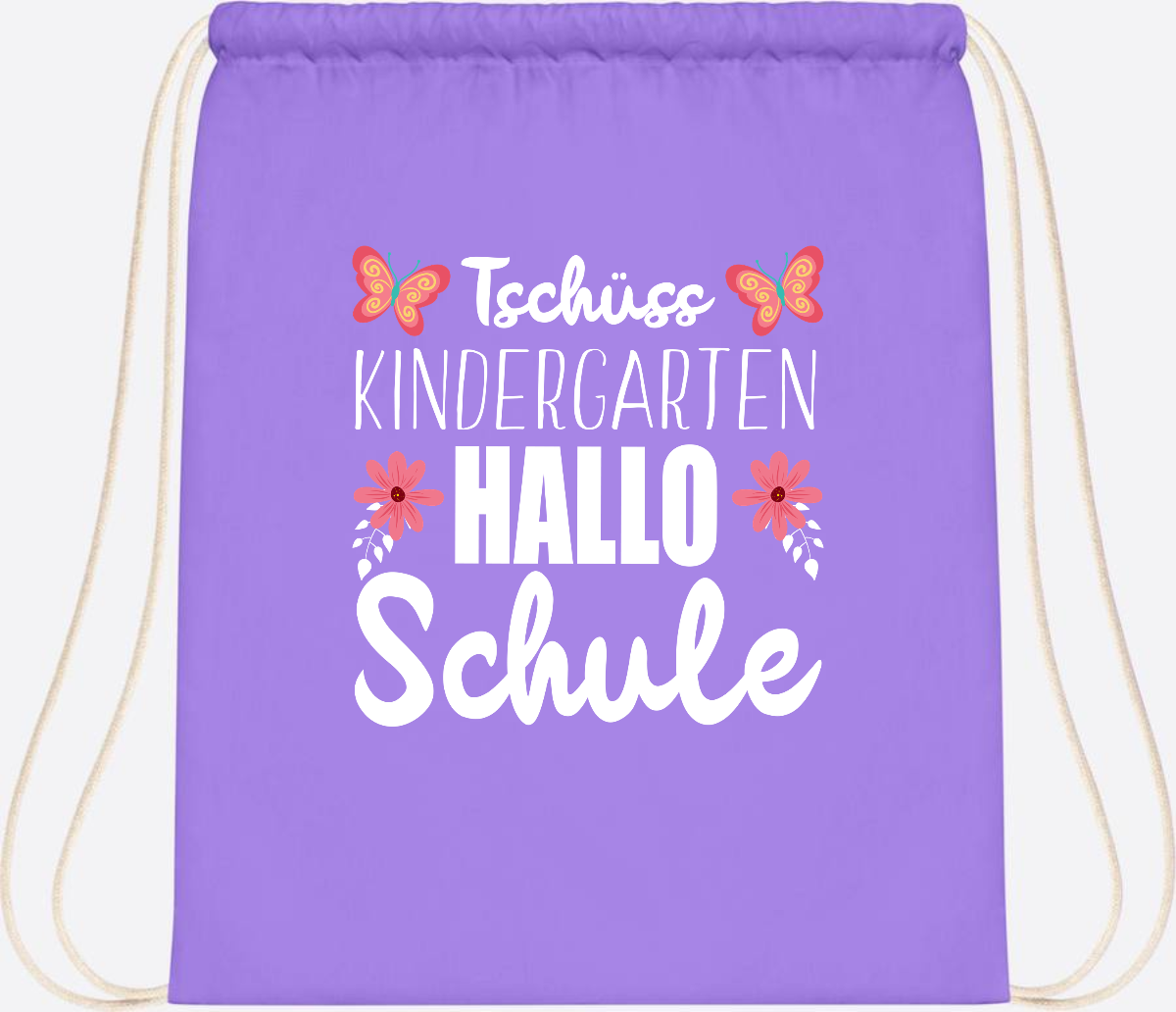 Turnbeutel zur Einschulung – Tschüss Kindergarten, Hallo Schule - Lavender/White