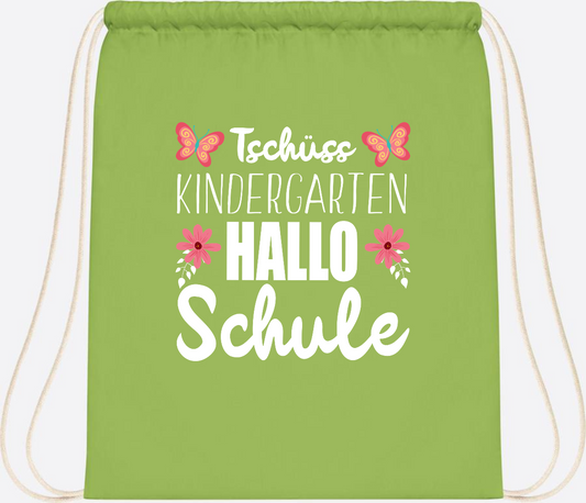 Turnbeutel zur Einschulung – Tschüss Kindergarten, Hallo Schule - Lime Green